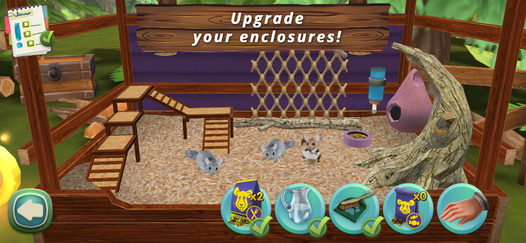 Pet World - My Animal Hotel - Gameplay-Screenshot von Chinchillas in einem Holzspänegehege mit dem Text „Erweitere deine Gehege“
