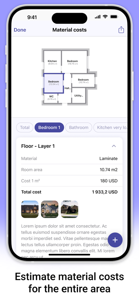 AR Plan 3D Measure Floor, Room - AR Plan 3D app interface showing material cost estimation and floor plan for a home renovation project.
