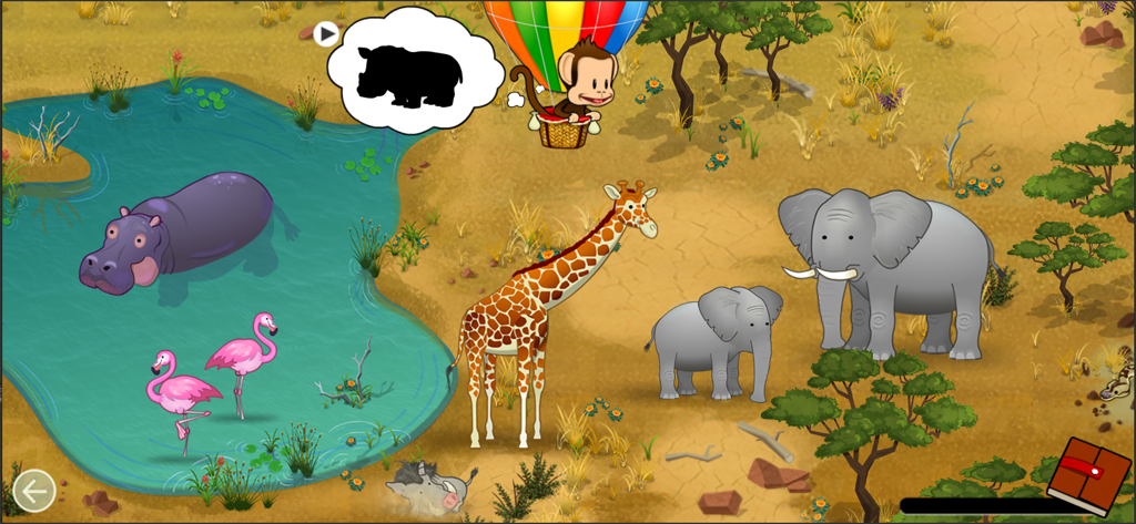 Monkey Preschool Animals - Milo the monkey in a hot air balloon flying over safari animals including a giraffe and elephants