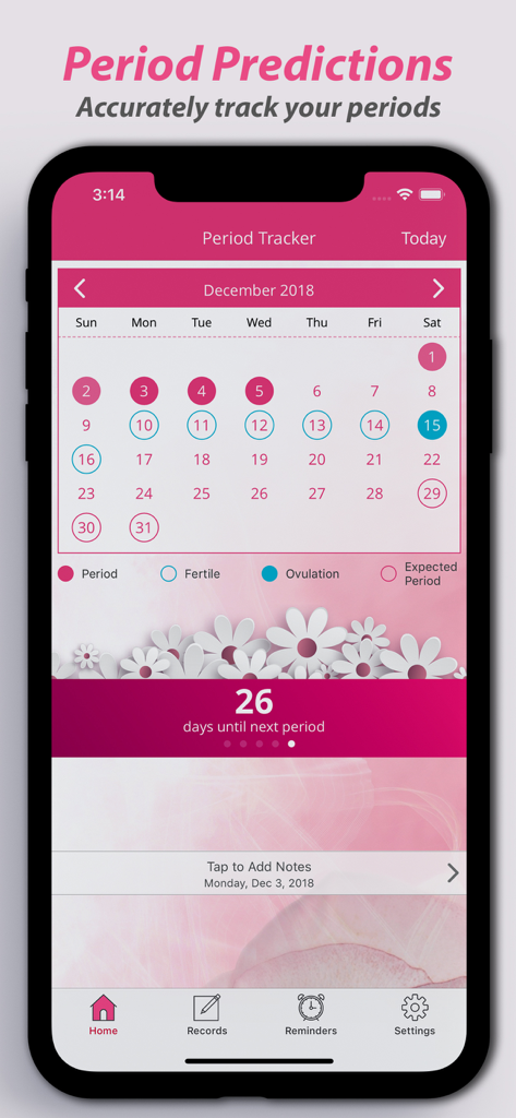 생리 주기 예측 및 배란 날짜가 표시된 월간 캘린더를 보여주는 생리 추적기 앱의 인터페이스.