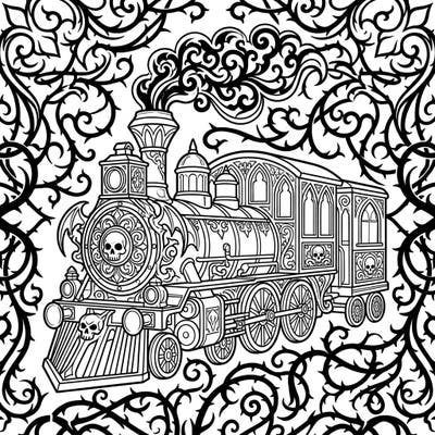 Journey into a world of dark elegance with this intricate Gothic train coloring page, designed perfectly as a bookmark. Adorned with skulls, ornate details, and swirling thorny vines, it offers a captivating and unique coloring experience.