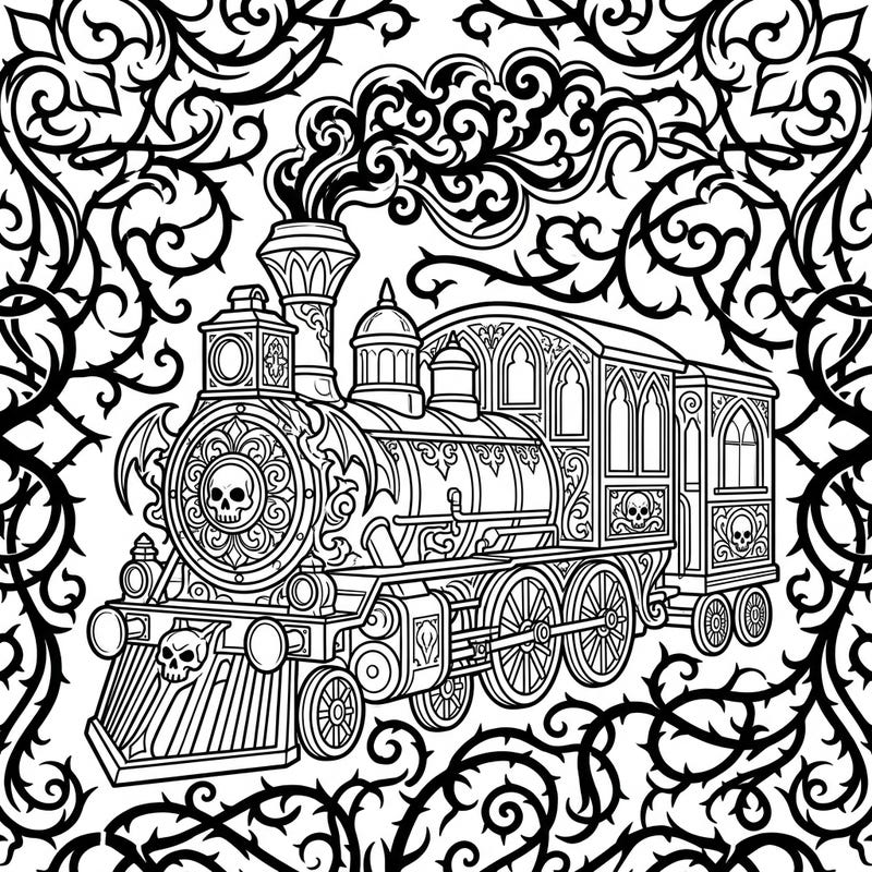 Journey into a world of dark elegance with this intricate Gothic train coloring page, designed perfectly as a bookmark. Adorned with skulls, ornate details, and swirling thorny vines, it offers a captivating and unique coloring experience.