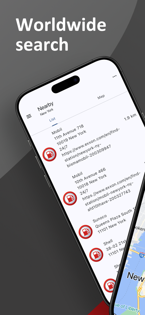 Gas Station & Fuel Finder - Tela do iPhone exibindo uma lista de postos de gasolina próximos em Nova York no aplicativo Gas Station and Fuel Finder