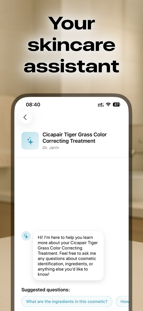 Cosmetic Scanner: CosmiqAI - A mobile app screen featuring an AI skincare assistant and a product analysis chat.