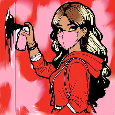 realistic girl with mask spray painting a wall