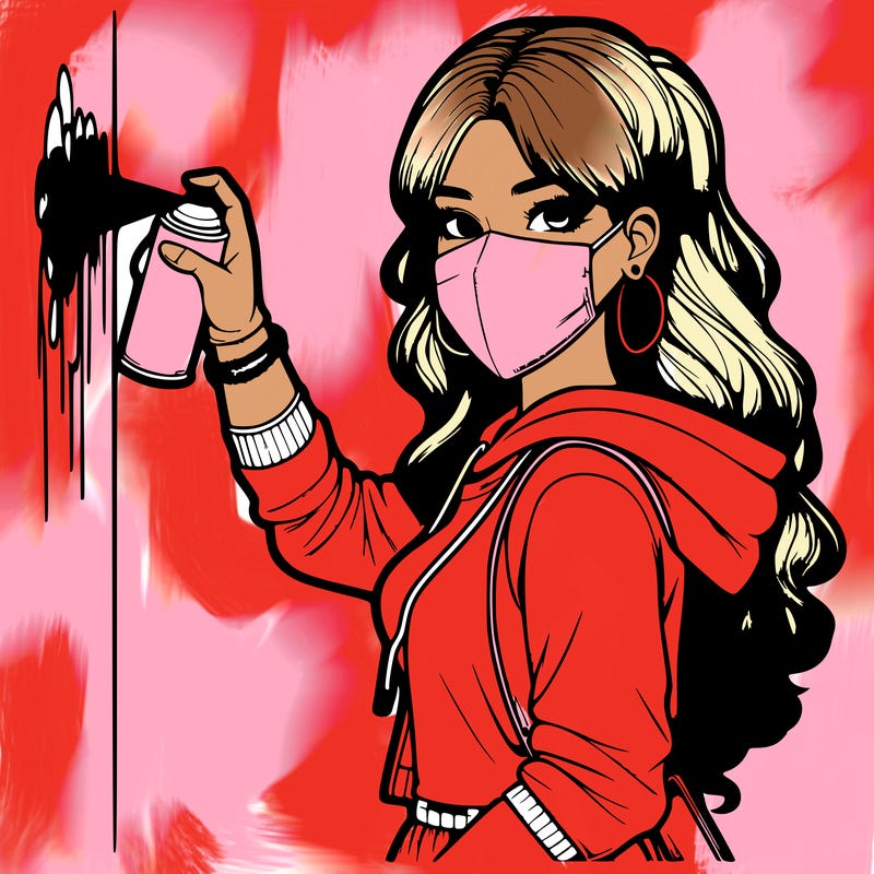 realistic girl with mask spray painting a wall