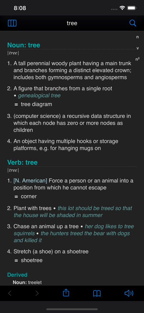WordWeb Dictionary app interface showing noun and verb definitions for the word tree