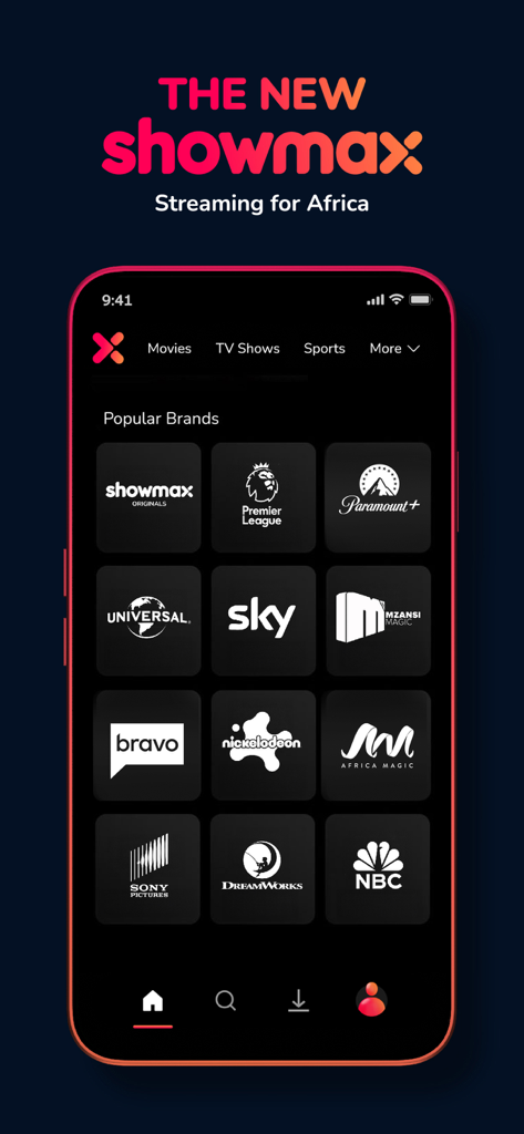 Showmax - Interfaz de la aplicación Showmax mostrando entretenimiento popular y marcas deportivas