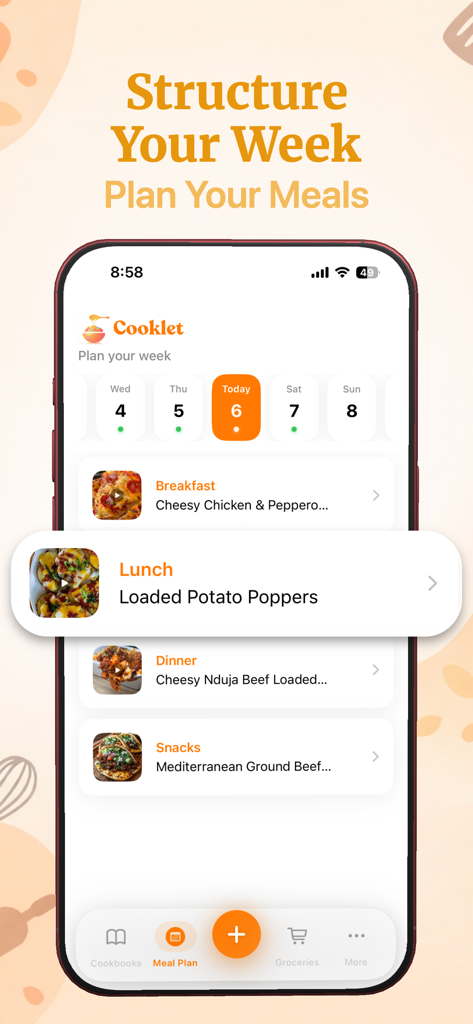 Recipe Keeper - Cooklet - Screenshot of the Cooklet app showing a weekly meal planning interface with breakfast, lunch, and dinner recipes