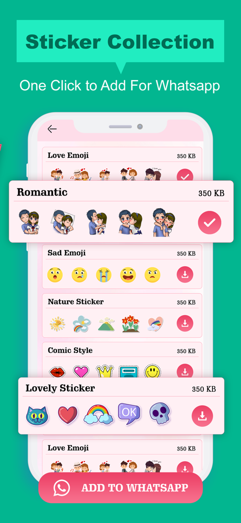 Love Messages and Quotes - Sticker collection screen for WhatsApp featuring romantic and love emoji categories