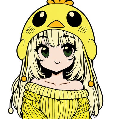 anime girl with chick shaped hat with sweater with bare shoulders with bangs covering them one eye with low tail