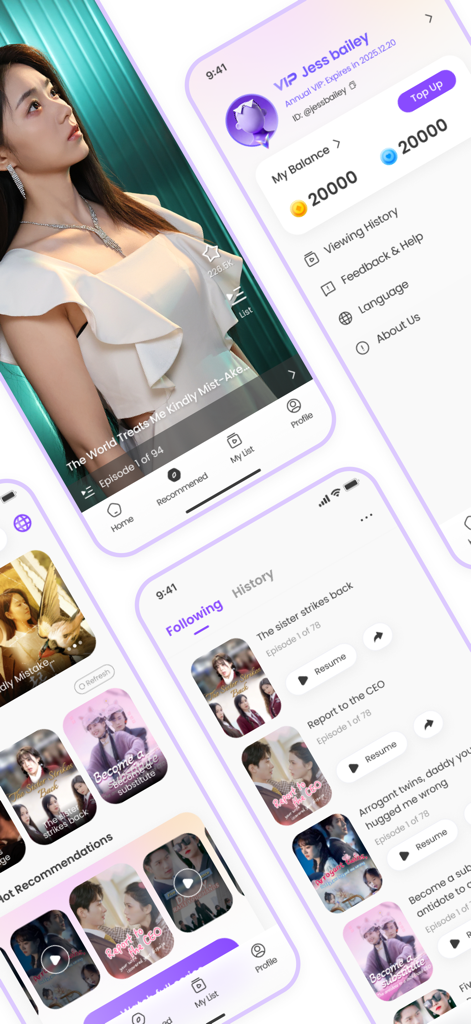 Wolf Drama - Interface do aplicativo Wolf Drama exibindo episódios curtos verticais, recomendações de dramas populares e uma página de perfil de usuário VIP.