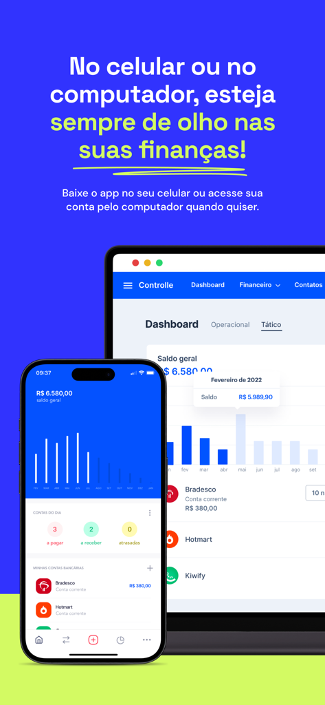 Dashboard de gestão financeira exibido em um smartphone e tela de computador para rastreamento de negócios multiplataforma.