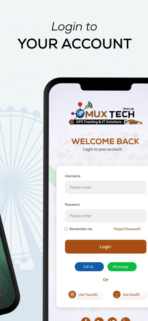 Mux Tech - Login screen of the Mux Tech app featuring fields for username and password with options for TouchID and FaceID