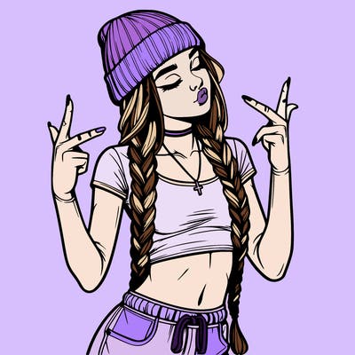realistic teenage girl with braids and a beanie and crop top doing 🫶🏼