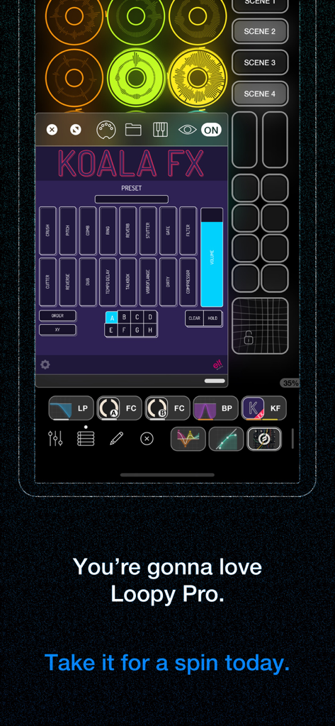Loopy Pro: Looper DAW Sampler - Interfaccia di produzione musicale di Loopy Pro con integrazione del plugin Koala FX e loop audio circolari