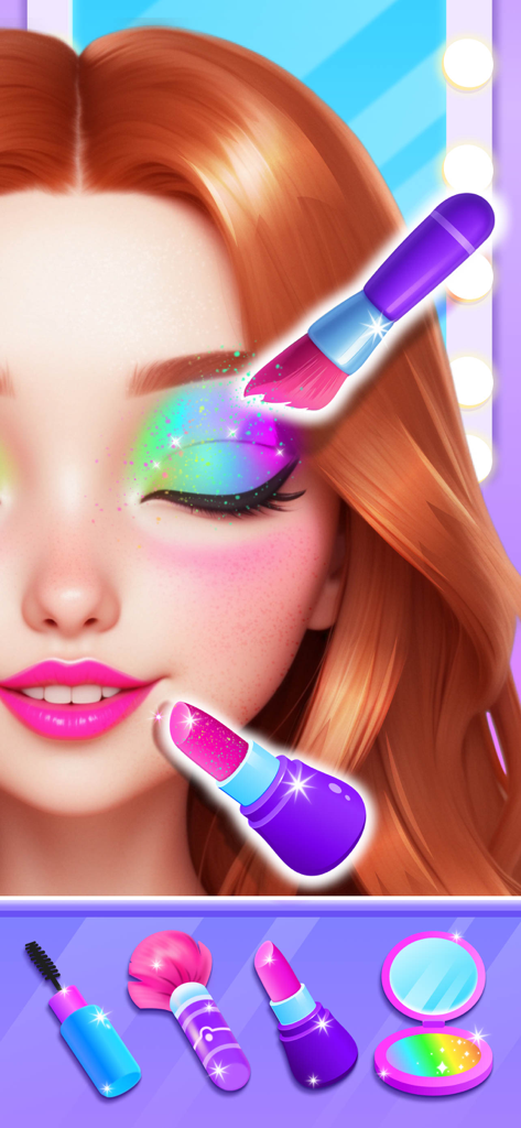 Personaje recibiendo sombra de ojos arcoíris y lápiz labial rosa en la aplicación Juegos de Salón de Belleza para Niñas.