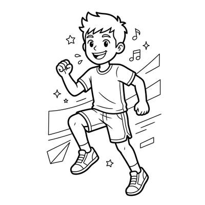 Dive into an energetic coloring adventure with this dynamic page featuring a cheerful boy in his favorite activewear. Perfect for young artists, this design encourages creativity while celebrating movement and healthy fun.