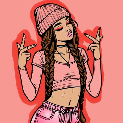 realistic teenage girl with braids and a beanie and crop top doing 🫶🏼