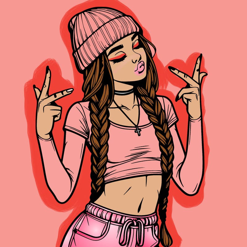 realistic teenage girl with braids and a beanie and crop top doing 🫶🏼