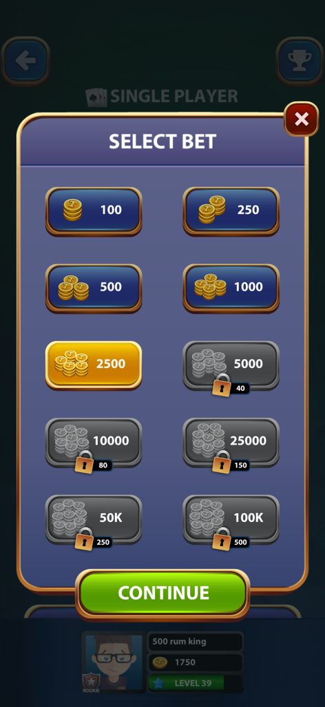 Rummy 500 Classic Card Game - A screen in the Rummy 500 app allowing players to select their coin bet for a single player game