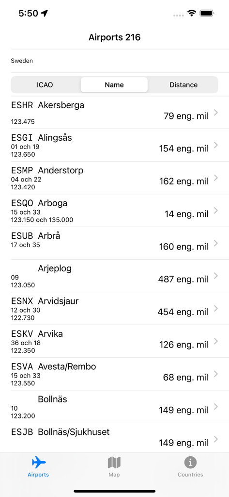 OpenAIP Airports - A list of Swedish airports in the OpenAIP app showing ICAO codes names and runway data