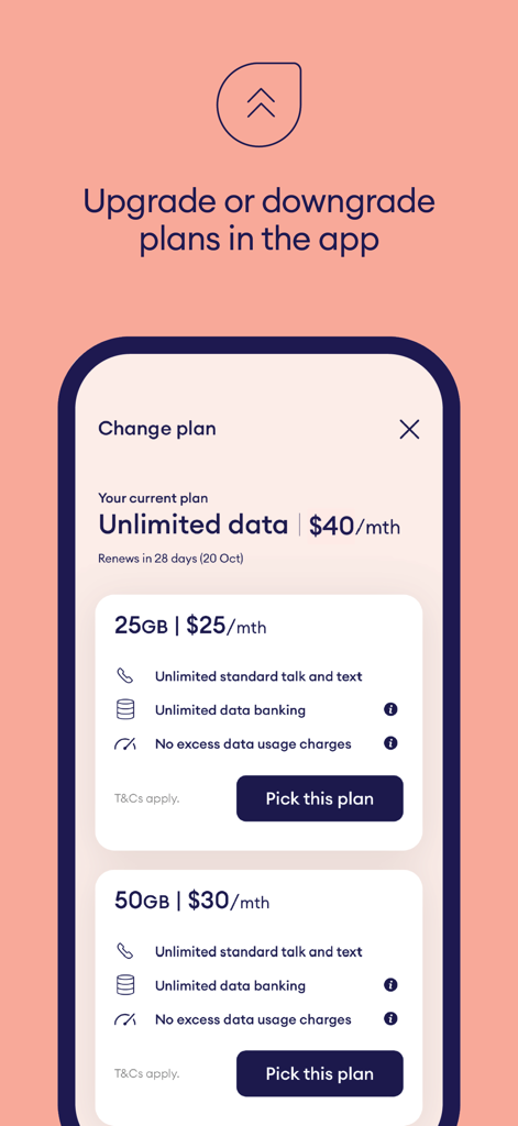Interface of the felix mobile app showing options to switch between different monthly data plans