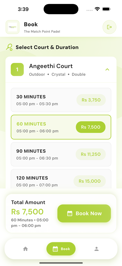 The Match Point PK - Selecciona la duración y el precio de la reserva de la pista de pádel en la aplicación The Match Point PK