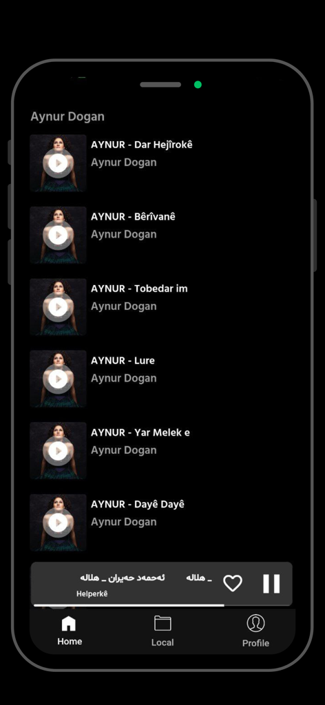 Dilan: Kurdish Music - A list of Kurdish songs by Aynur Dogan on the Dilan music app interface
