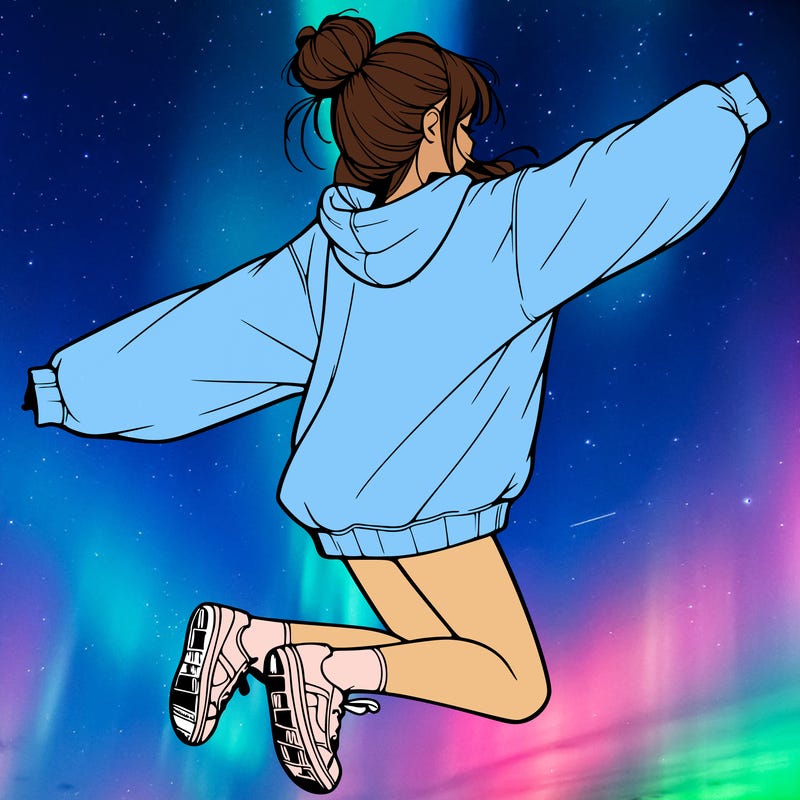realistic girl jumping with a bun and oversized sweatshirt