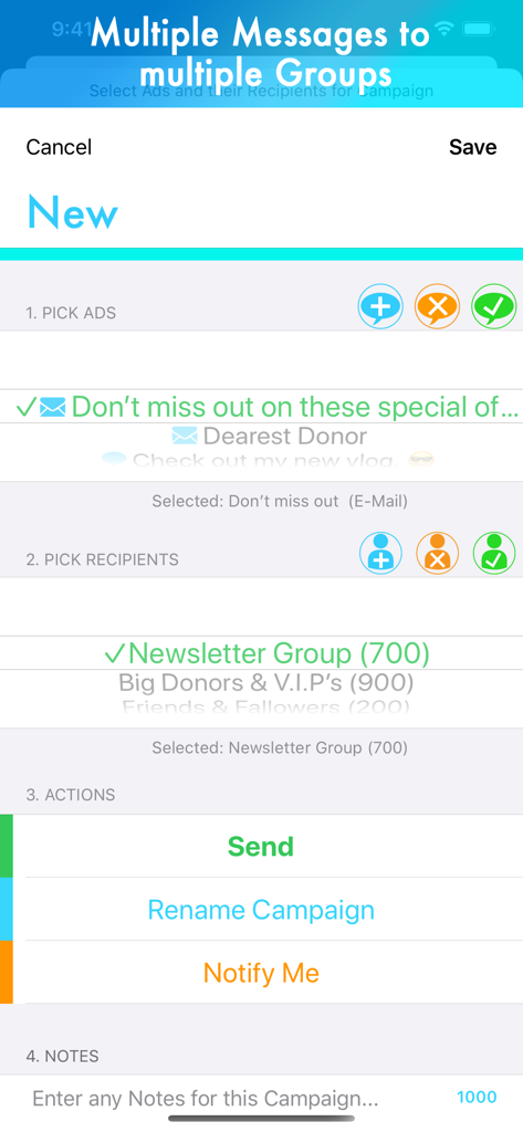Interface for creating a new marketing campaign by picking ads and recipient groups in the Advertisement app