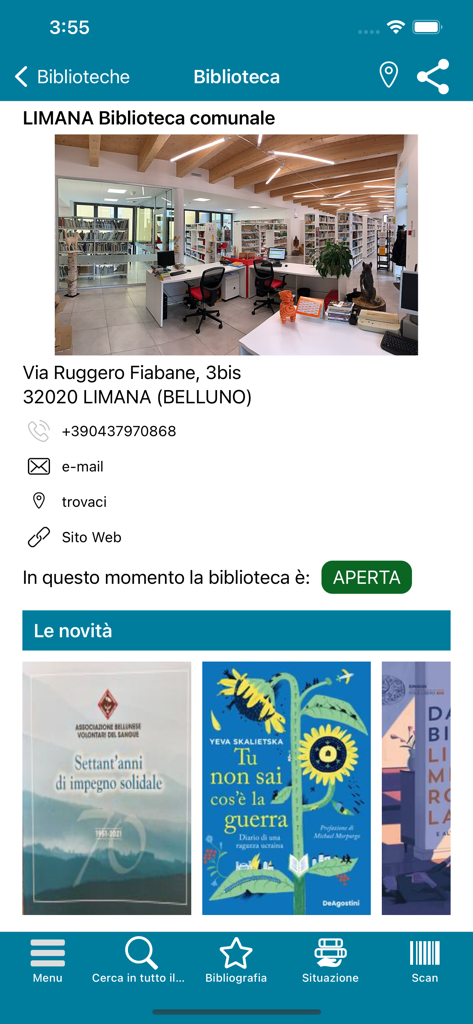 BinP - Interfaz de la aplicación BinP que muestra el perfil de la biblioteca municipal de Limana con información de contacto y las novedades.