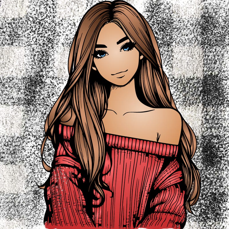 realistic girl with long hair wearing an off the shoulder sweater