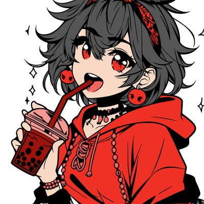 hot baddie anime girl drinking boba and biting the straw