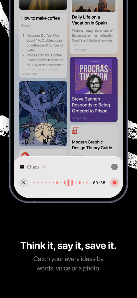 YouMind: AI Notes & Chat - YouMind app interface showing a voice recording session and organized idea boards for digital creators
