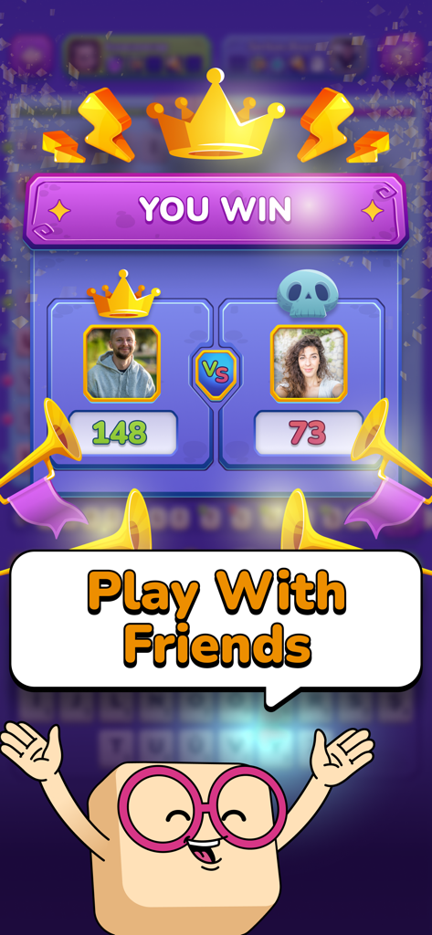 Victory screen in WordMe showing a win against a friend with the score and a play with friends message