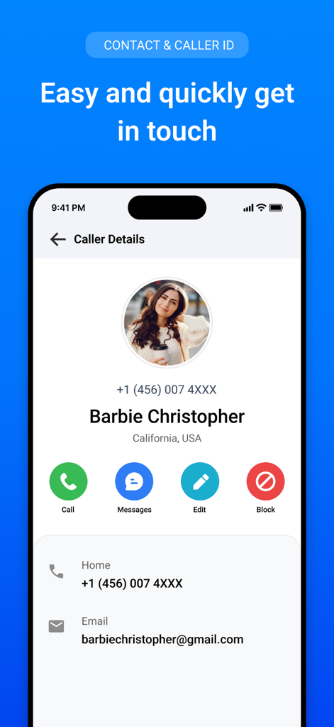 Captura de tela de um perfil de contato no aplicativo Caller ID mostrando nome, foto, localização e botões de ação rápida para ligar e enviar mensagens.