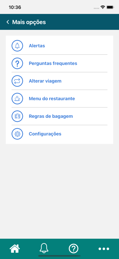 TREM DE PASSAGEIROS - Tela do menu principal do aplicativo TREM DE PASSAGEIROS mostrando alertas de viagem e opções de restaurante