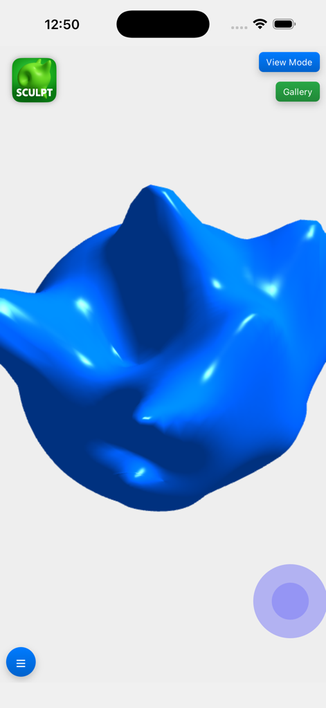Interface de l'application Sculpt It montrant une forme sculptée 3D bleue