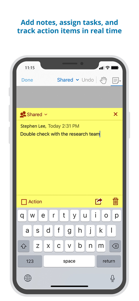 Azeus Convene mobile app interface showing a shared note and real time task assignment feature