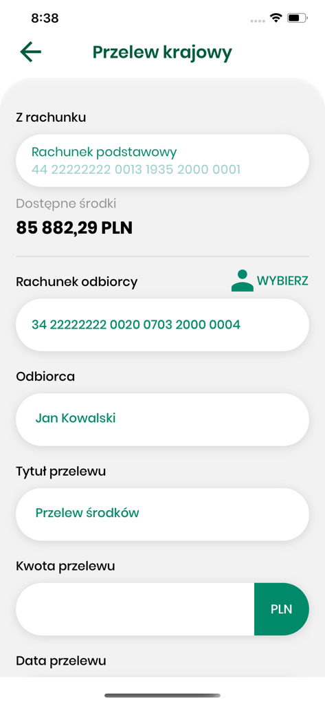 PBS Kędzierzyn-Koźle - Formulario de transferencia nacional en la aplicación de banca móvil PBS Kedzierzyn Kozle que muestra detalles de la cuenta y campos del destinatario