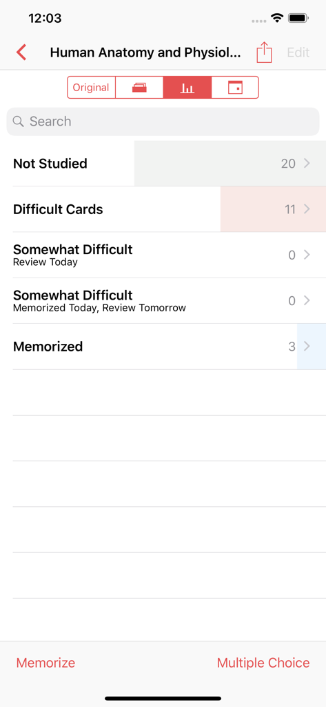 Flashcard Hero app study progress screen showing cards categorized by difficulty levels for human anatomy and physiology