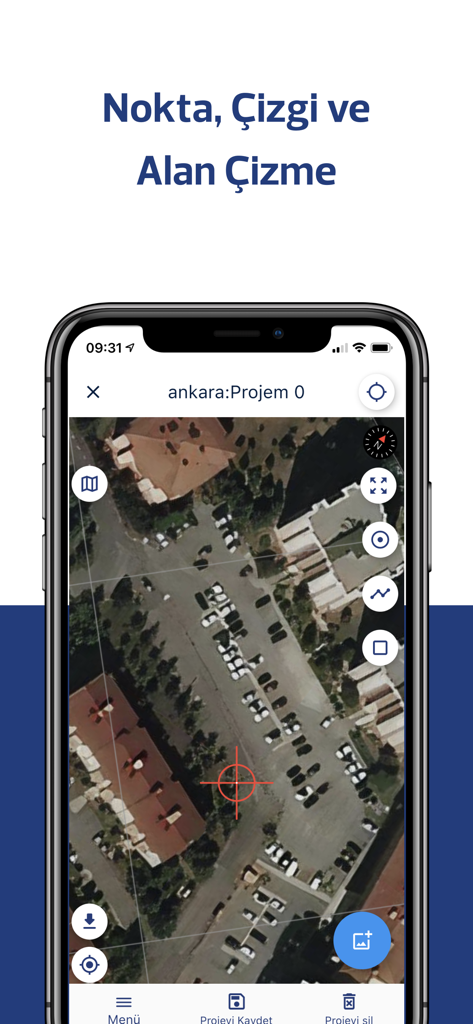 Nview - Nview mobile app interface showing drawing tools for points lines and areas over a satellite project map for surveying