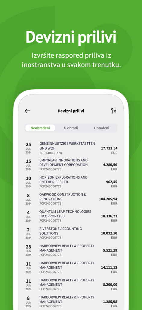 OTP biznis m-bank - OTP biznis m-bank app screen showing a list of foreign currency inflows from international companies