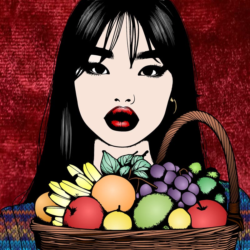 realistic asian girl with lips holding a basket of fruit