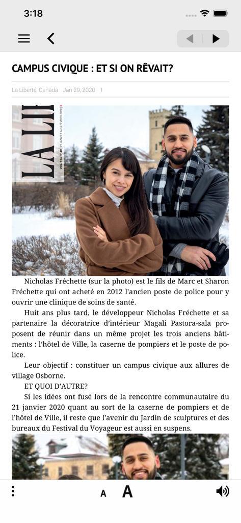 LA LIBERTÉ - Un artículo de noticias titulado Campus Civique en la aplicación móvil La Liberté que presenta una foto de dos personas