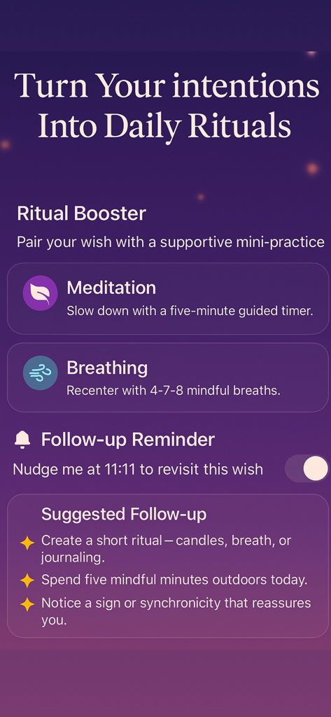 11:11 - Make a Wish - Interface showing ritual booster features like meditation and breathing exercises for daily manifestation