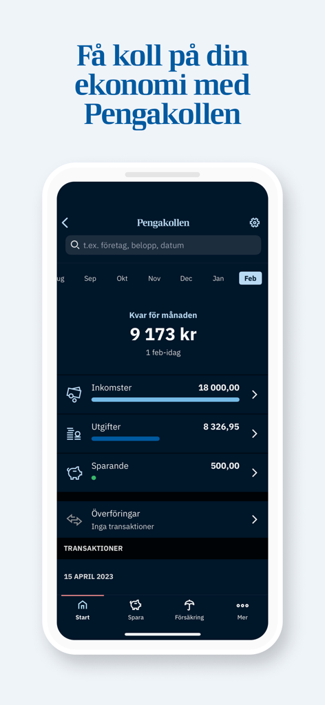 Länsförsäkringar - Länsförsäkringarアプリのインターフェース。Pengakollen機能で月収と支出の追跡が表示されています。
