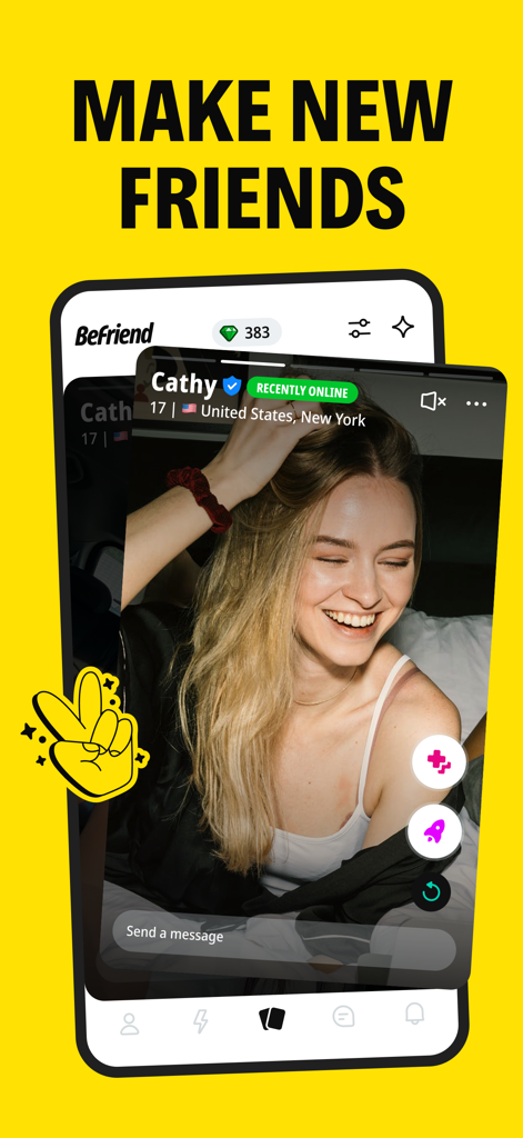 BeFriend app screen showing a teen profile and the words Make New Friends