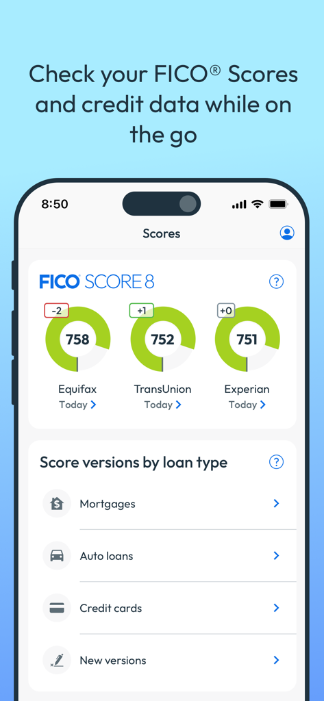 myFICO mobile app showing three bureau FICO scores and categories for mortgage and auto loan scores